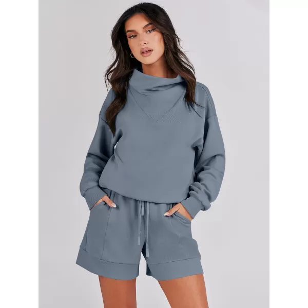 Caracilia Women 2 Piece Outfits Loose Sweatsuits Fashion Cowl Neck Sweatshirts &amp; Shorts Set Lounge Wear Jogger Tracksuit Set