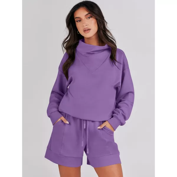 Caracilia Women 2 Piece Outfits Loose Sweatsuits Fashion Cowl Neck Sweatshirts &amp; Shorts Set Lounge Wear Jogger Tracksuit Set