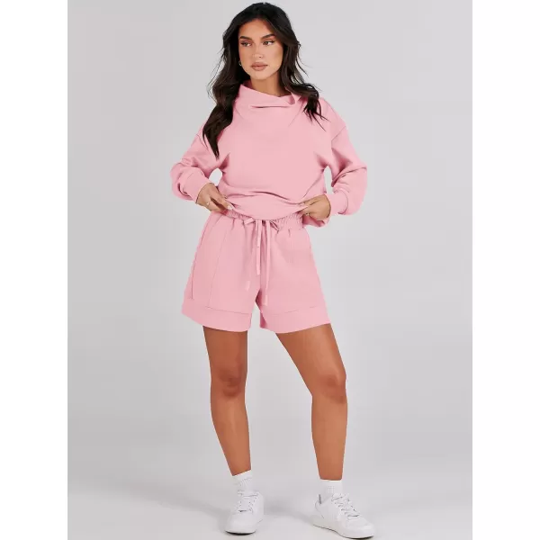 Caracilia Women 2 Piece Outfits Loose Sweatsuits Fashion Cowl Neck Sweatshirts &amp; Shorts Set Lounge Wear Jogger Tracksuit Set