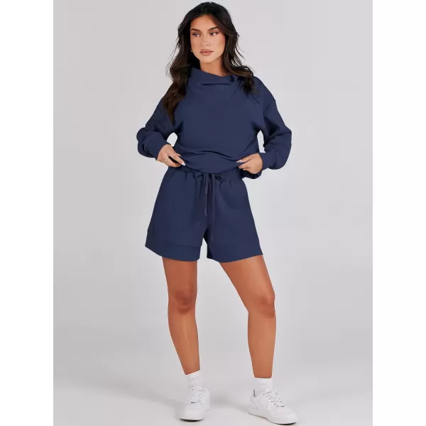 Caracilia Women 2 Piece Outfits Loose Sweatsuits Fashion Cowl Neck Sweatshirts &amp; Shorts Set Lounge Wear Jogger Tracksuit Set
