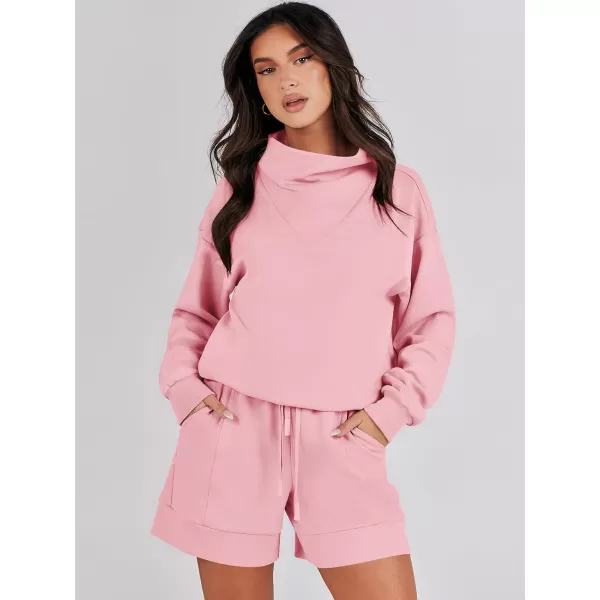 Caracilia Women 2 Piece Outfits Loose Sweatsuits Fashion Cowl Neck Sweatshirts &amp; Shorts Set Lounge Wear Jogger Tracksuit Set