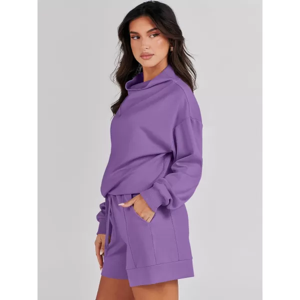 Caracilia Women 2 Piece Outfits Loose Sweatsuits Fashion Cowl Neck Sweatshirts &amp; Shorts Set Lounge Wear Jogger Tracksuit Set