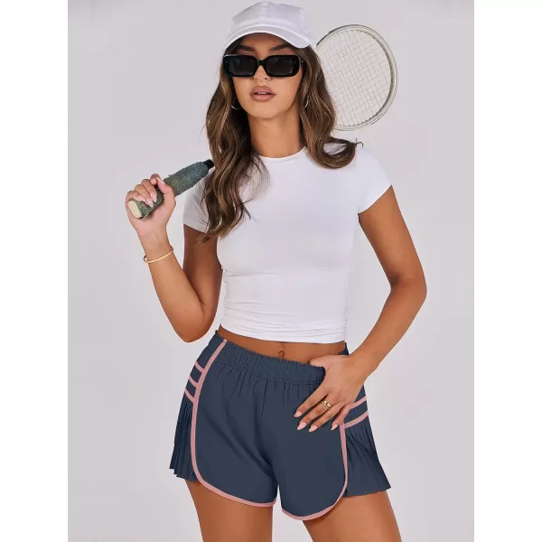 Caracilia Women's Running Shorts High Waisted Quick Dry Athletic Workout Flowy Pleated Contrast Color Golf Tennis Short