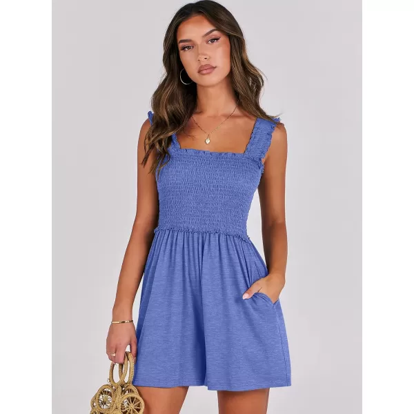 Caracilia Women's Summer Rompers Square Neck Sleeveless Smocked Dressy Casual Romper Dresses Beach Outfits with Pockets