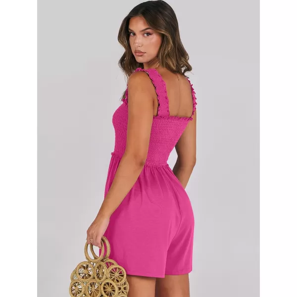 Caracilia Women's Summer Rompers Square Neck Sleeveless Smocked Dressy Casual Romper Dresses Beach Outfits with Pockets