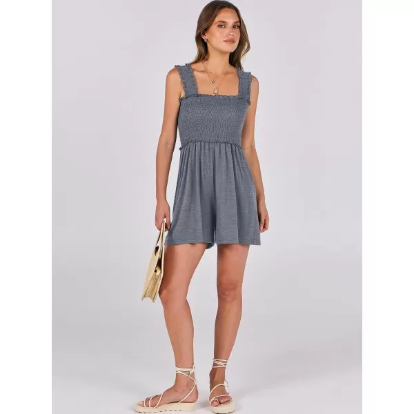 Caracilia Women's Summer Rompers Square Neck Sleeveless Smocked Dressy Casual Romper Dresses Beach Outfits with Pockets