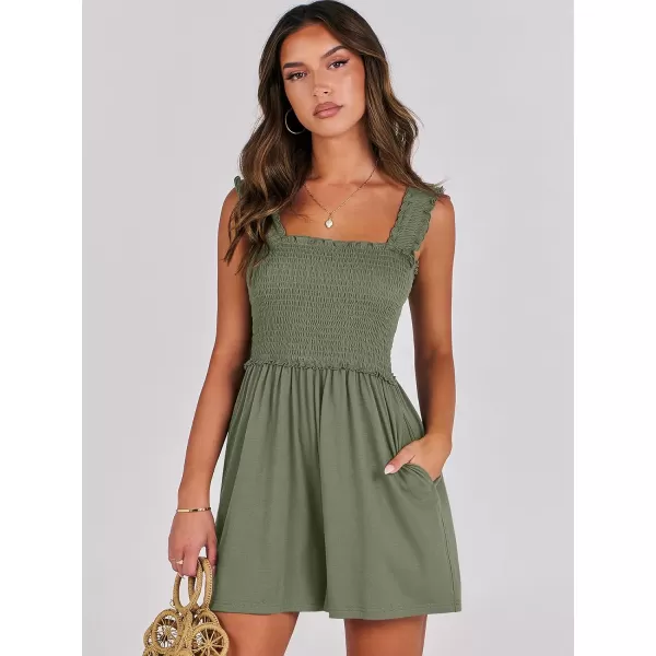 Caracilia Women's Summer Rompers Square Neck Sleeveless Smocked Dressy Casual Romper Dresses Beach Outfits with Pockets