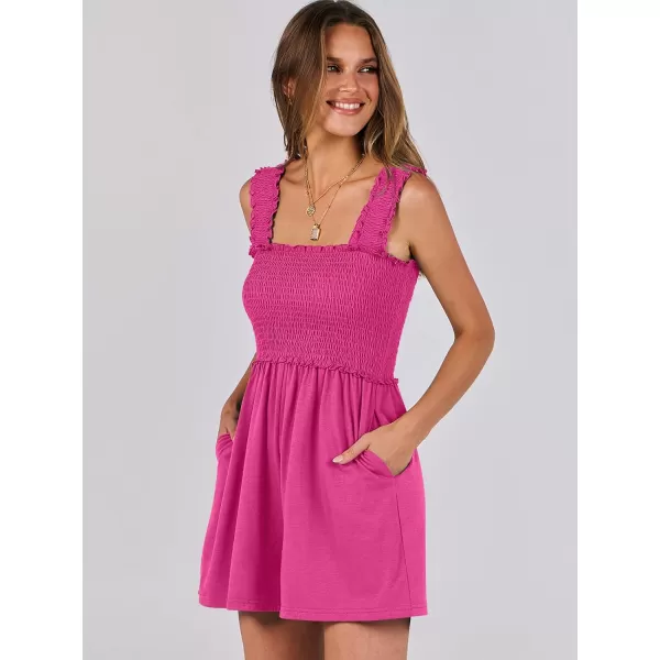 Caracilia Women's Summer Rompers Square Neck Sleeveless Smocked Dressy Casual Romper Dresses Beach Outfits with Pockets