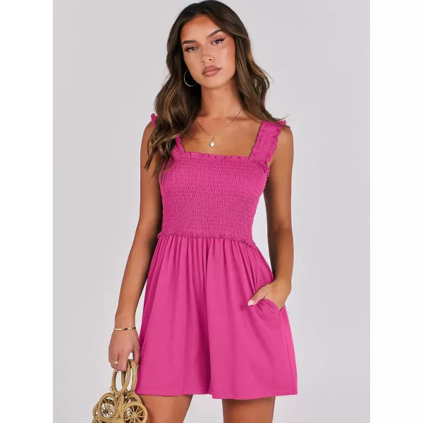 Caracilia Women's Summer Rompers Square Neck Sleeveless Smocked Dressy Casual Romper Dresses Beach Outfits with Pockets