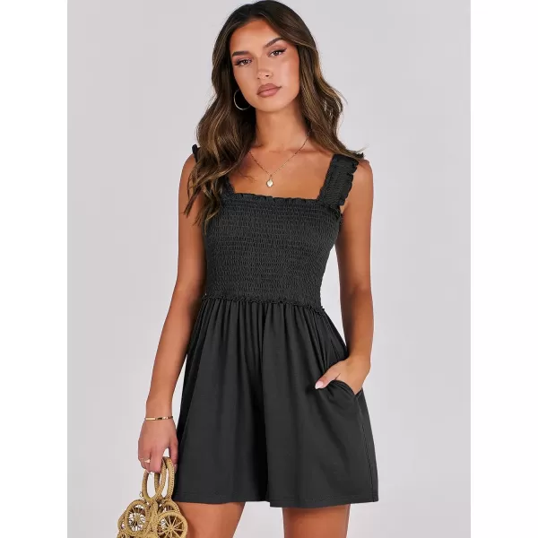 Caracilia Women's Summer Rompers Square Neck Sleeveless Smocked Dressy Casual Romper Dresses Beach Outfits with Pockets