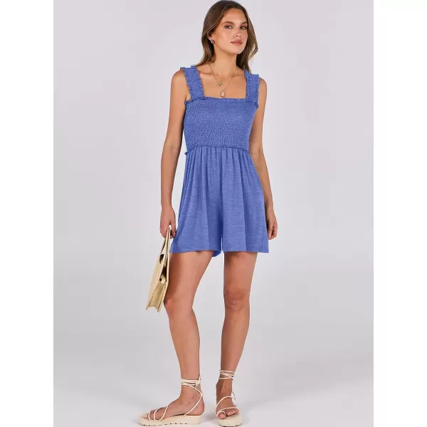 Caracilia Women's Summer Rompers Square Neck Sleeveless Smocked Dressy Casual Romper Dresses Beach Outfits with Pockets