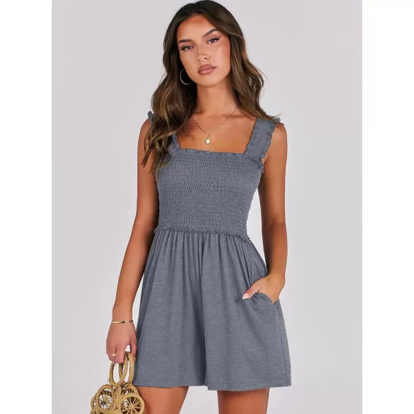 Caracilia Women's Summer Rompers Square Neck Sleeveless Smocked Dressy Casual Romper Dresses Beach Outfits with Pockets