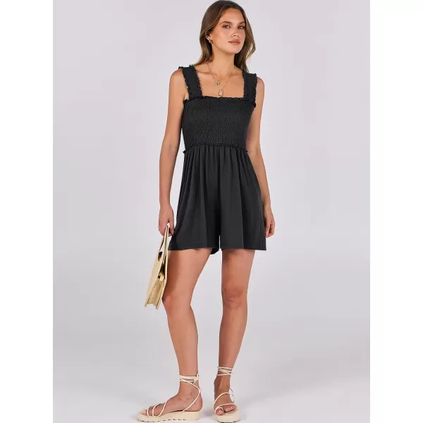 Caracilia Women's Summer Rompers Square Neck Sleeveless Smocked Dressy Casual Romper Dresses Beach Outfits with Pockets