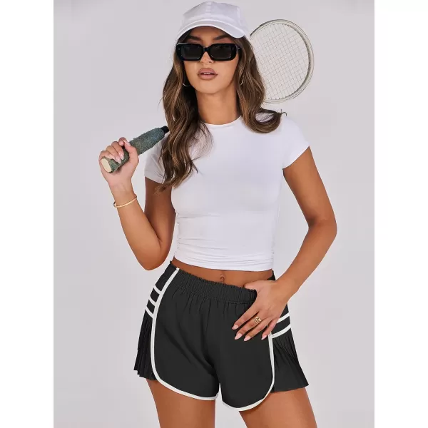 Caracilia Women's Running Shorts High Waisted Quick Dry Athletic Workout Flowy Pleated Contrast Color Golf Tennis Short