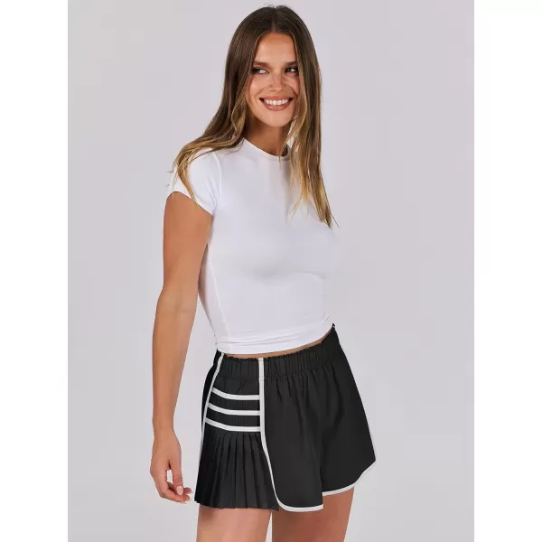 Caracilia Women's Running Shorts High Waisted Quick Dry Athletic Workout Flowy Pleated Contrast Color Golf Tennis Short