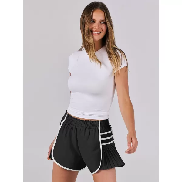 Caracilia Women's Running Shorts High Waisted Quick Dry Athletic Workout Flowy Pleated Contrast Color Golf Tennis Short