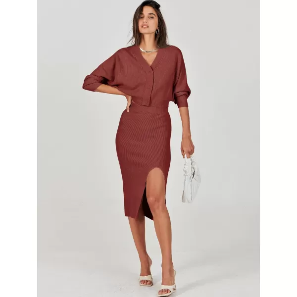 Caracilia Women Two Piece Outfits Sweater Sets Long Sleeve Knit Top and Bodycon Side Slit Midi Skirt Dress Fall Clothes