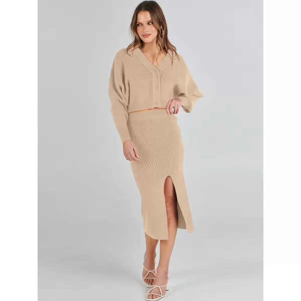 Caracilia Women Two Piece Outfits Sweater Sets Long Sleeve Knit Top and Bodycon Side Slit Midi Skirt Dress Fall Clothes