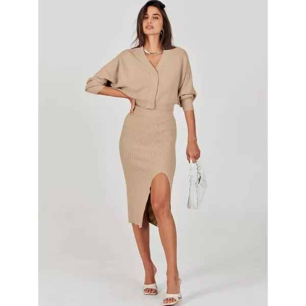 Caracilia Women Two Piece Outfits Sweater Sets Long Sleeve Knit Top and Bodycon Side Slit Midi Skirt Dress Fall Clothes