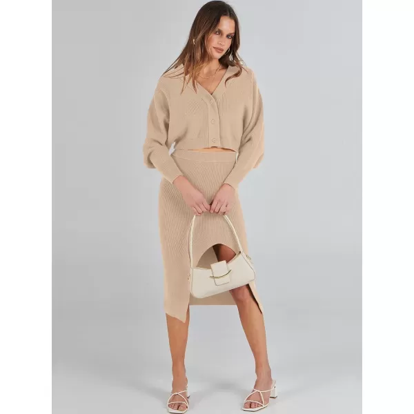 Caracilia Women Two Piece Outfits Sweater Sets Long Sleeve Knit Top and Bodycon Side Slit Midi Skirt Dress Fall Clothes