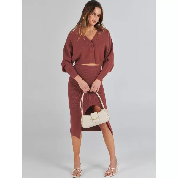 Caracilia Women Two Piece Outfits Sweater Sets Long Sleeve Knit Top and Bodycon Side Slit Midi Skirt Dress Fall Clothes