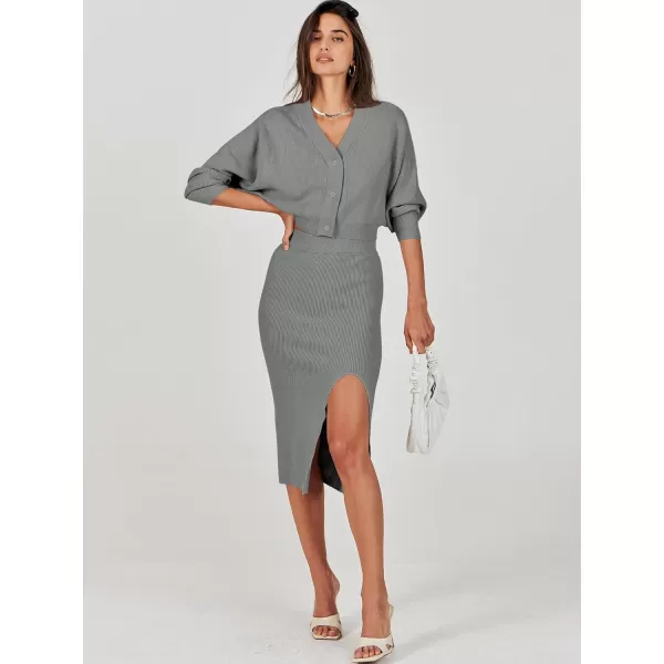 Caracilia Women Two Piece Outfits Sweater Sets Long Sleeve Knit Top and Bodycon Side Slit Midi Skirt Dress Fall Clothes