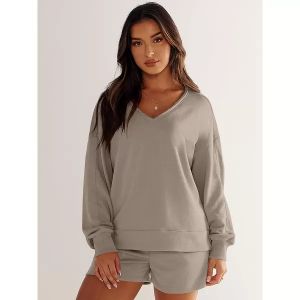 Caracilia Women's 2 Piece Outfits Long Sleeve V Neck Cropped Tops and Shorts Matching Lounge Sets Tracksuit Sweatsuits