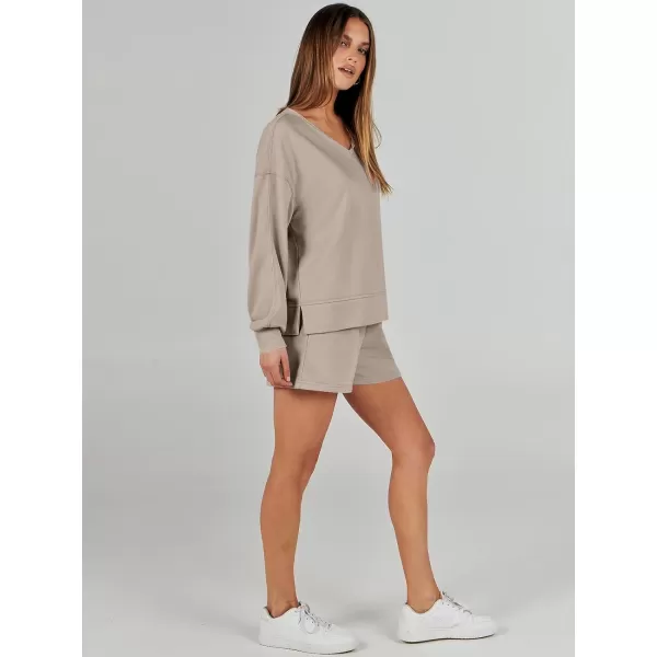 Caracilia Women's 2 Piece Outfits Long Sleeve V Neck Cropped Tops and Shorts Matching Lounge Sets Tracksuit Sweatsuits