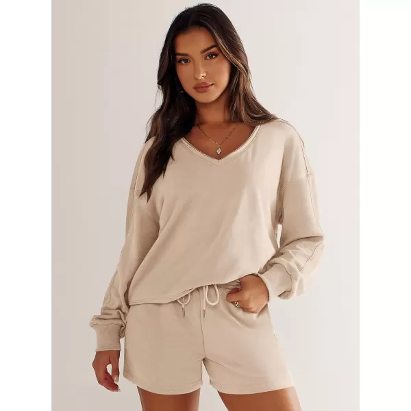 Caracilia Women's 2 Piece Outfits Long Sleeve V Neck Cropped Tops and Shorts Matching Lounge Sets Tracksuit Sweatsuits