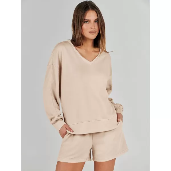 Caracilia Women's 2 Piece Outfits Long Sleeve V Neck Cropped Tops and Shorts Matching Lounge Sets Tracksuit Sweatsuits
