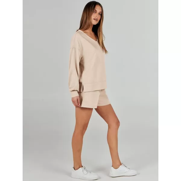 Caracilia Women's 2 Piece Outfits Long Sleeve V Neck Cropped Tops and Shorts Matching Lounge Sets Tracksuit Sweatsuits