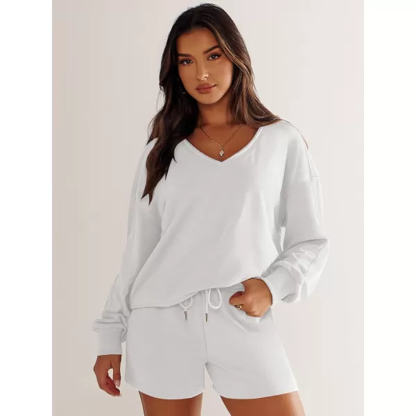Caracilia Women's 2 Piece Outfits Long Sleeve V Neck Cropped Tops and Shorts Matching Lounge Sets Tracksuit Sweatsuits