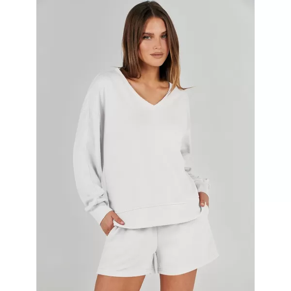 Caracilia Women's 2 Piece Outfits Long Sleeve V Neck Cropped Tops and Shorts Matching Lounge Sets Tracksuit Sweatsuits