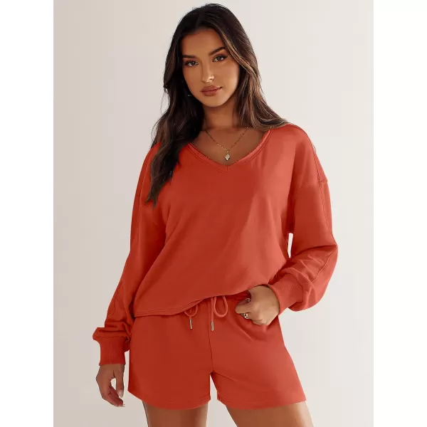 Caracilia Women's 2 Piece Outfits Long Sleeve V Neck Cropped Tops and Shorts Matching Lounge Sets Tracksuit Sweatsuits