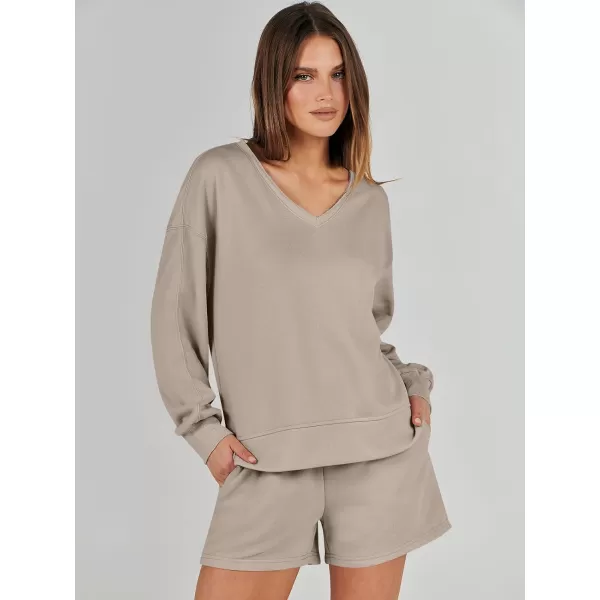 Caracilia Women's 2 Piece Outfits Long Sleeve V Neck Cropped Tops and Shorts Matching Lounge Sets Tracksuit Sweatsuits