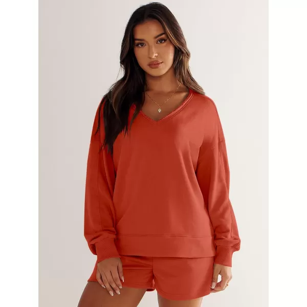 Caracilia Women's 2 Piece Outfits Long Sleeve V Neck Cropped Tops and Shorts Matching Lounge Sets Tracksuit Sweatsuits