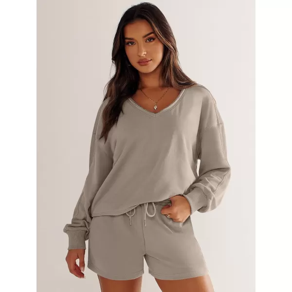 Caracilia Women's 2 Piece Outfits Long Sleeve V Neck Cropped Tops and Shorts Matching Lounge Sets Tracksuit Sweatsuits