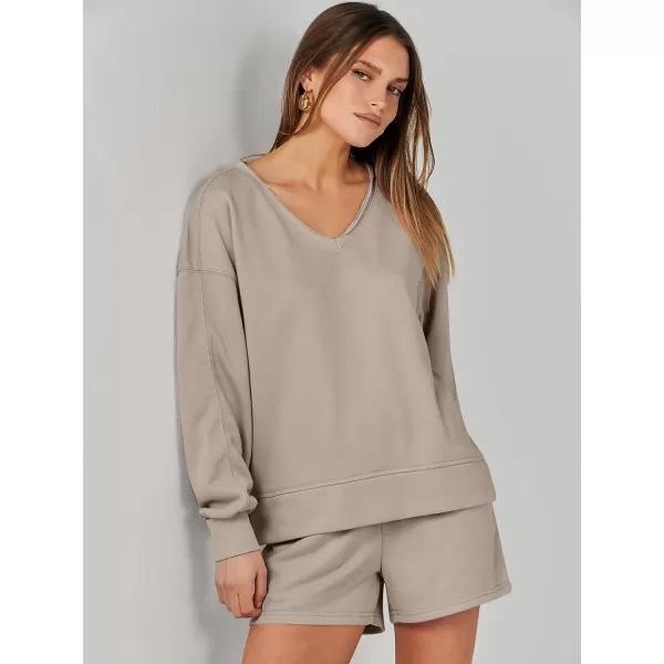Caracilia Women's 2 Piece Outfits Long Sleeve V Neck Cropped Tops and Shorts Matching Lounge Sets Tracksuit Sweatsuits