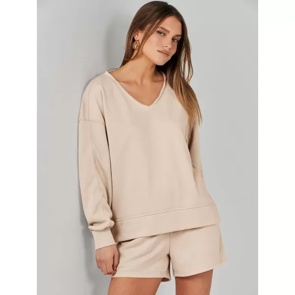 Caracilia Women's 2 Piece Outfits Long Sleeve V Neck Cropped Tops and Shorts Matching Lounge Sets Tracksuit Sweatsuits