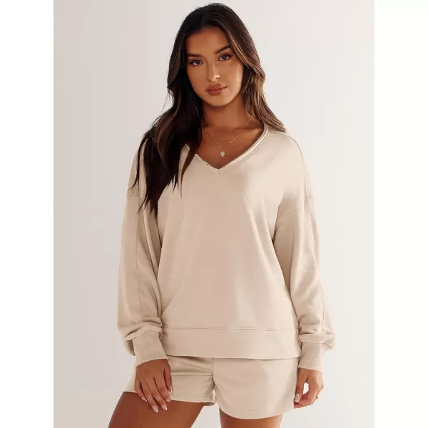 Caracilia Women's 2 Piece Outfits Long Sleeve V Neck Cropped Tops and Shorts Matching Lounge Sets Tracksuit Sweatsuits