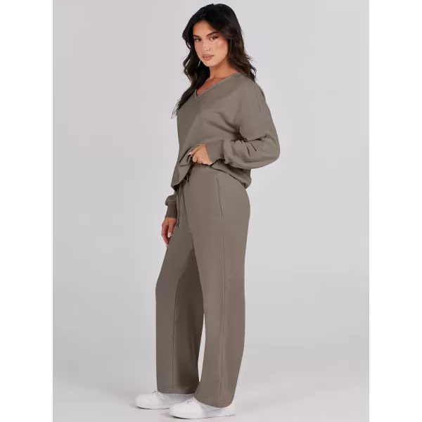 Caracilia Women's Two Piece Outfits Matching Sets Long Sleeve Pullover Tops and Wide Leg Pants Tracksuit Lounge Sets