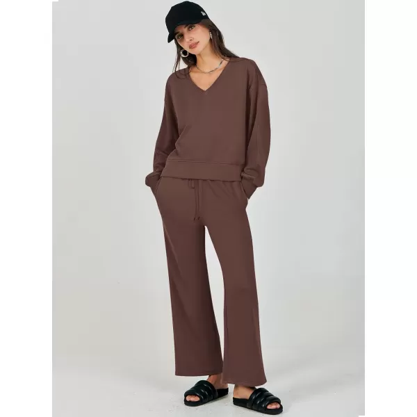 Caracilia Women's Two Piece Outfits Matching Sets Long Sleeve Pullover Tops and Wide Leg Pants Tracksuit Lounge Sets