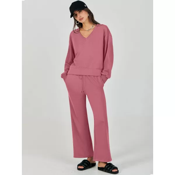 Caracilia Women's Two Piece Outfits Matching Sets Long Sleeve Pullover Tops and Wide Leg Pants Tracksuit Lounge Sets