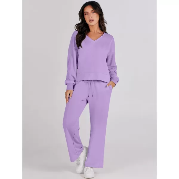 Caracilia Women's Two Piece Outfits Matching Sets Long Sleeve Pullover Tops and Wide Leg Pants Tracksuit Lounge Sets