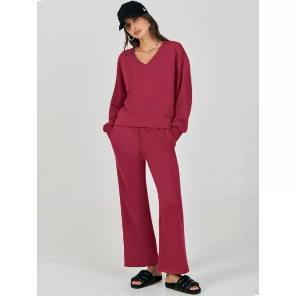 Caracilia Women's Two Piece Outfits Matching Sets Long Sleeve Pullover Tops and Wide Leg Pants Tracksuit Lounge Sets