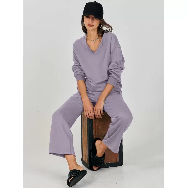 Caracilia Women's Two Piece Outfits Matching Sets Long Sleeve Pullover Tops and Wide Leg Pants Tracksuit Lounge Sets