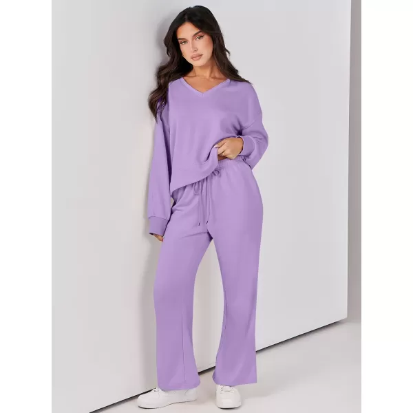 Caracilia Women's Two Piece Outfits Matching Sets Long Sleeve Pullover Tops and Wide Leg Pants Tracksuit Lounge Sets