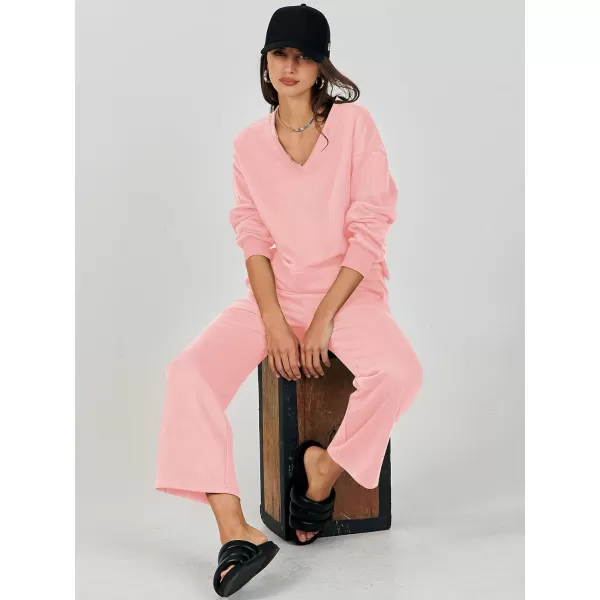 Caracilia Women's Two Piece Outfits Matching Sets Long Sleeve Pullover Tops and Wide Leg Pants Tracksuit Lounge Sets