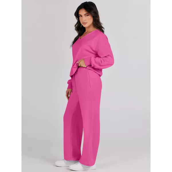 Caracilia Women's Two Piece Outfits Matching Sets Long Sleeve Pullover Tops and Wide Leg Pants Tracksuit Lounge Sets