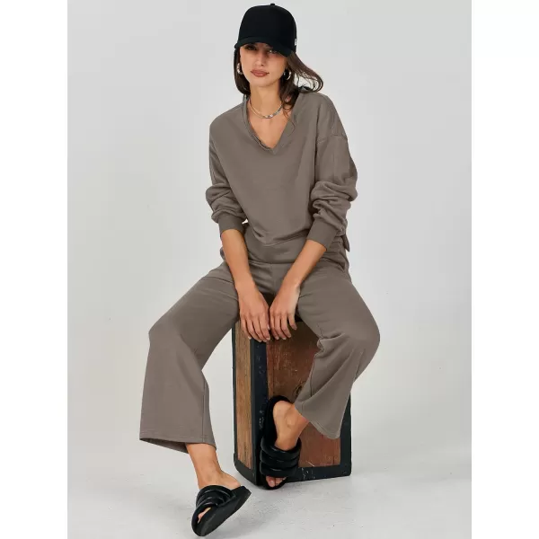Caracilia Women's Two Piece Outfits Matching Sets Long Sleeve Pullover Tops and Wide Leg Pants Tracksuit Lounge Sets